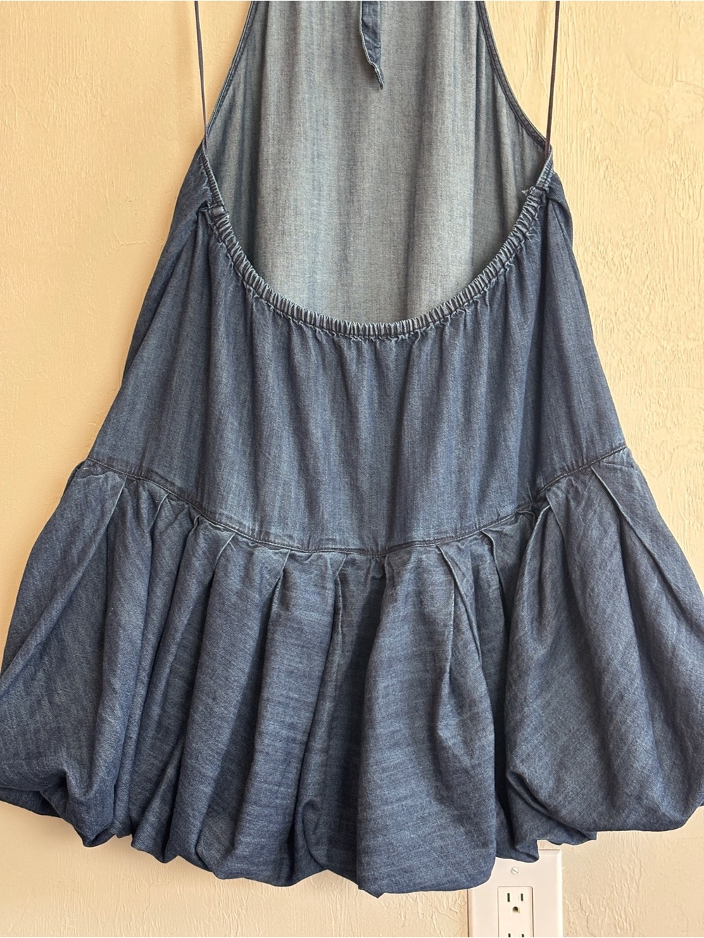 Free People Large Dark Denim Backless Halter Bubble Tent Dress Pockets Cotton - Picture 13 of 16